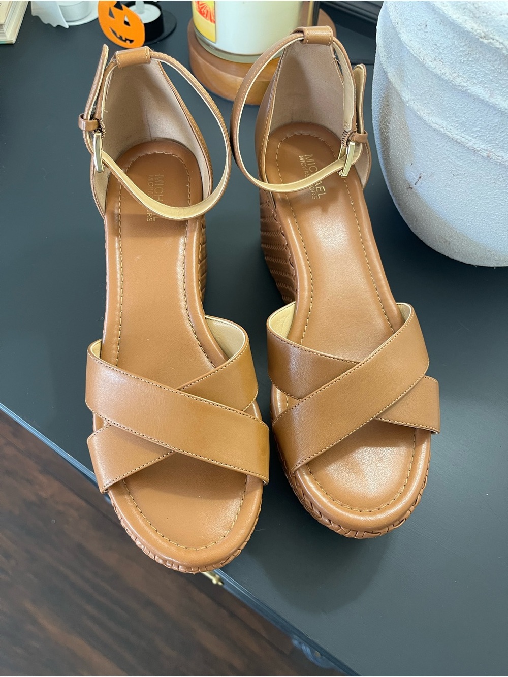 MICHAEL Michael Kors Tan Leather Crisscross Wedge Sandals with Ankle Strap